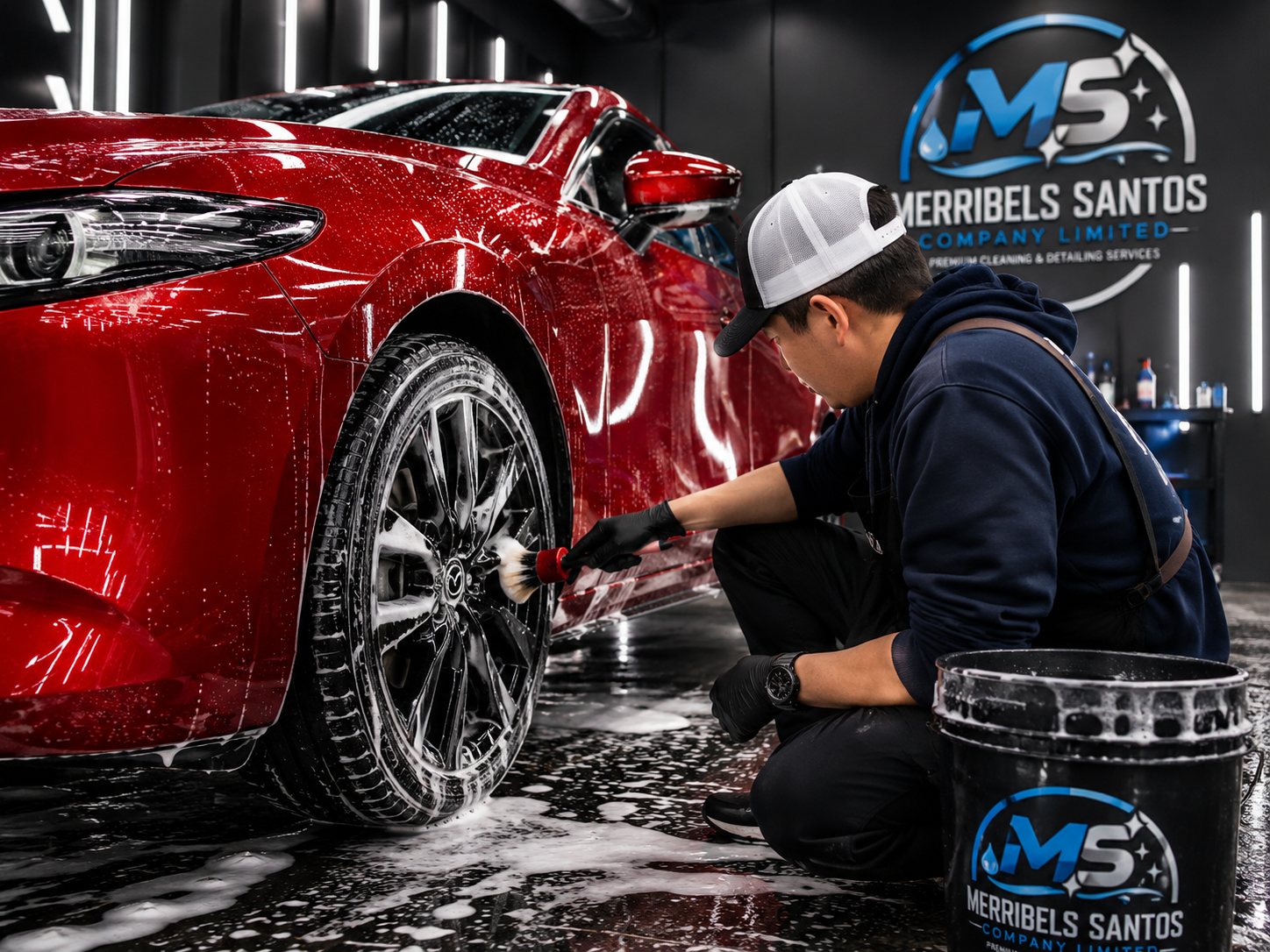 Detailer cleaning a red vehicle wheel in a Merribels Santos detailing studio