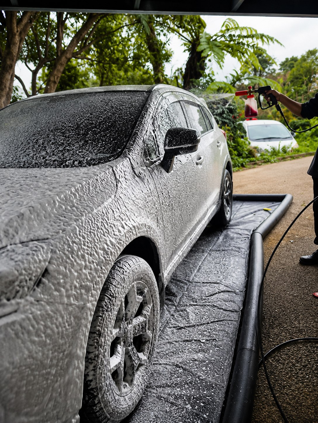 Vehicle covered in snow foam during an exterior wash