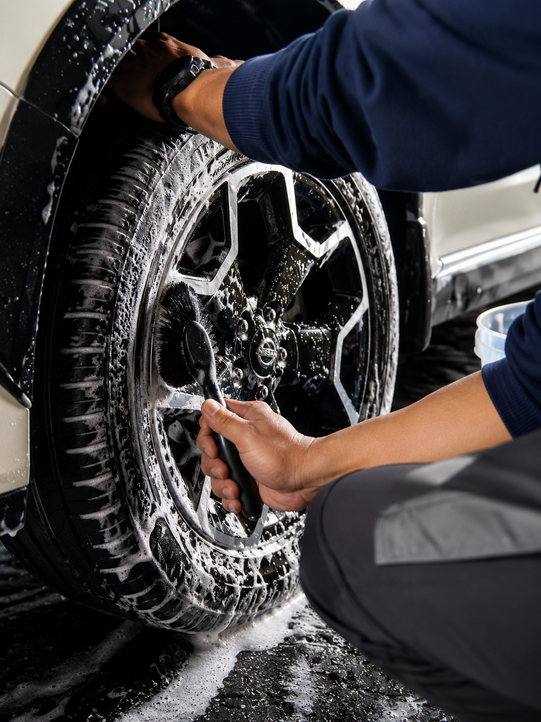 Close-up of a detailer cleaning a vehicle wheel with soap and a brush